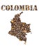 Colombia word and country map shaped with coffee beans background