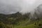 Colombian andean forest mountain landscape at foggy day