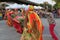 Colombian dancers in lavish motley costumes street performance