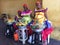 Colombian women in traditional clothes selling fruits on street i