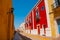 Colonial architecture in San Francisco de Campeche, Mexico. Street with colorful facades of houses.