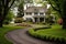 colonial house with curved driveway, small shrubs in front