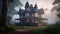 colonial style house, romantic early morning landscape with fog,