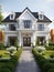 Colonial style white wooden cladding family house exterior. Beautiful front yard landscaping design