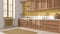 Colonial wooden kitchen in white and yellow tones. Cabinets with shutters and rattan drawers, sink and gas hob, pottery and decors