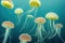 Colony of glowing marine jellyfish aquatic wildlife background. Illuminated exotic medusa floating undersea, fluorescent