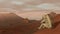 Colony on Mars. Astronaut sitting on Mars and admiring the scenery. Exploring Mission To Mars. Futuristic Colonization