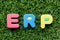 Color alphabet letter in word ERP abbreviation of Enterprise Resource Planning on green grass background