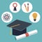Color background with closeup graduation cap and certificated with elements academic in icons