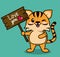 Color background with cute kawaii animal stripe tiger standing with wooden sign love you