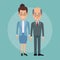 Color background full body couple of woman collected hairstyle and elderly bald man with formal suit characters for