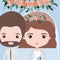 Color background with half body couple of just married bearded man and woman with short wavy hair