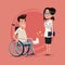 Color background with handicapped man in wheelchair and woman specialist doctor