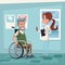 Color background hospital room with elderly man in wheelchair and female therapist