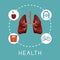 Color background with lungs organ in center with icons around text health