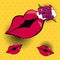 Color background pop art style with dots and set lips and callout with kiss text