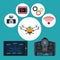 Color background remote control and tablet with drone metal arms and icons set tech robot