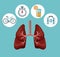 Color background with respiratory system with icons of heath elements around