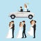 Color background with scenes of newly married couple in different standing and car just married