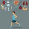 Color background with set icons health elements and closeup full body sport man running