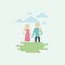 Color background sky landscape and grass with silhouette set pictogram woman and man carrying a babies and holding hands