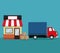 Color background with store with awning and delivery truck with packages