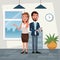 Color background workplace office full body set pair executives of woman and bearded man with tablet