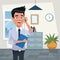 Color background workplace office half body young man characters for business with folder and talk with cellphone