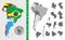 Color and black and white detailed map of South America with country silhouettes and flags