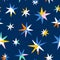 Color block abstract stars on blue, vector seamless pattern