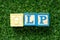 Color block in word GLP Abbreviation of Good laboratory practice on artificial green grass background