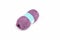 Color bobbin of yarn with label. Side view. Textile reel on isolated white background