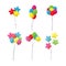 Color bunch rubber flying cartoon balloons set with string. Collection cute and decorative balloons with stripe and shadow vector