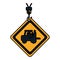 Color caution diamond emblem with laborer in forklift