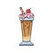 Color chocolate cocktail icon. Glass milkshake with whipped cream, syrup and cherry. Hand drawn cartoon illustration. Isolated