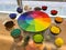 Color circle with powder pigments for education of color theory