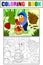 Color and coloring, cartoon, scene. Dwarf in the forest collects strawberries, berries.