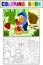 Color and coloring, cartoon, scene. Dwarf in the forest collects strawberries, berries.