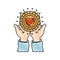Color crayon silhouette front view of hands holding in palms a coin with heart shape inside charity symbol