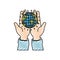 Color crayon silhouette front view of hands holding in palms a earth globe world charity symbol