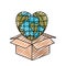 Color crayon silhouette globe earth world in heart shape coming out of cardboard box