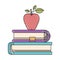 Color crayon stripe image of pair of books with bookmark and apple