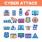 Color Cyber Attack Elements Icons Set Vector