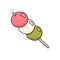 Color dango icon. Japanese dessert on stick. Hand drawn cartoon illustration. Isolated vector sign in doodle style on white