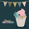 Color dark green background with decorative flags to party and sweet cupcake and text happy birthday