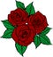 color drawing of a bouquet of three red roses with a black outline on a white background