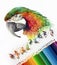 Color drawing of a macaw parrot head on white background. Colored watercolor pencils, photography art materials. Sketch in