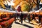 Color-Drenched Autumn Festival Under Golden Evening Light, Rows of Warmly Lit Booths Lining the Edge