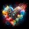 a color explosion of paint render a steampunk geared poly transparent heart - love concept