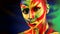 Color face art and body paint on woman for inspiration. Abstract portrait of the bright beautiful girl with colorful